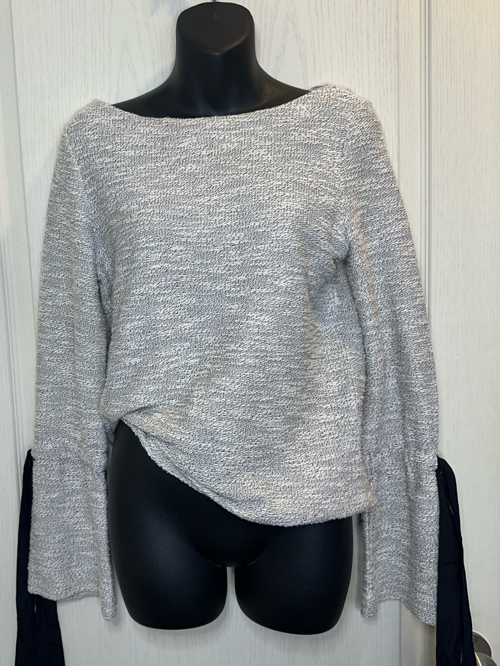 Club Monaco Grey Boucle Boat Neck Flare Tie Sleeve Sweater - small